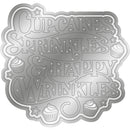 Metallic decorative sign with text 'Cupcakes Sprinkle & Happy Wrinkle' on a white background
