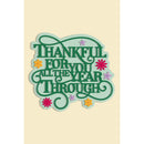 Decorative text card with 'Thankful for you all the year through' on a beige background