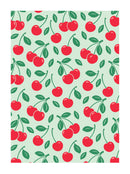 Pattern of red cherries with green leaves on a light green background