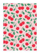 Pattern of red cherries with green leaves on a pink background