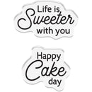 Two decorative signs with text 'Life is Sweeter with you' and 'Happy Cake day' on a white background.