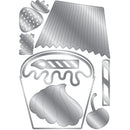 Metal die cut shapes including a lamp, spoon, and strawberry on a white background
