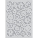 Decorative sheet with clock and gear designs on a gray background
