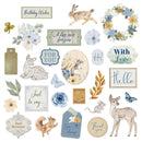 Collection of decorative elements including animals, flowers, and text on a white background