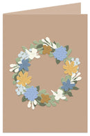 Floral wreath card with blue, yellow, and white flowers on a brown background