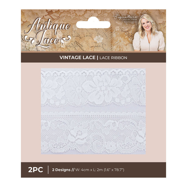 Packaging of vintage lace ribbon with brand name and product details.