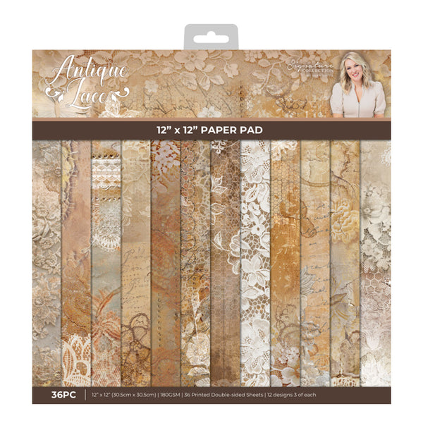 12x12 paper pad with lace and floral patterns on packaging