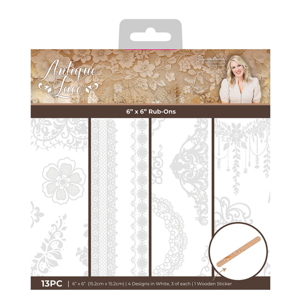 Packaging of 'Antique Lace' 6x6 Rub-Ons with decorative elements and a wooden sticker.