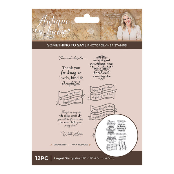 Package of Antique Lace photopolymer stamps with text and design elements.