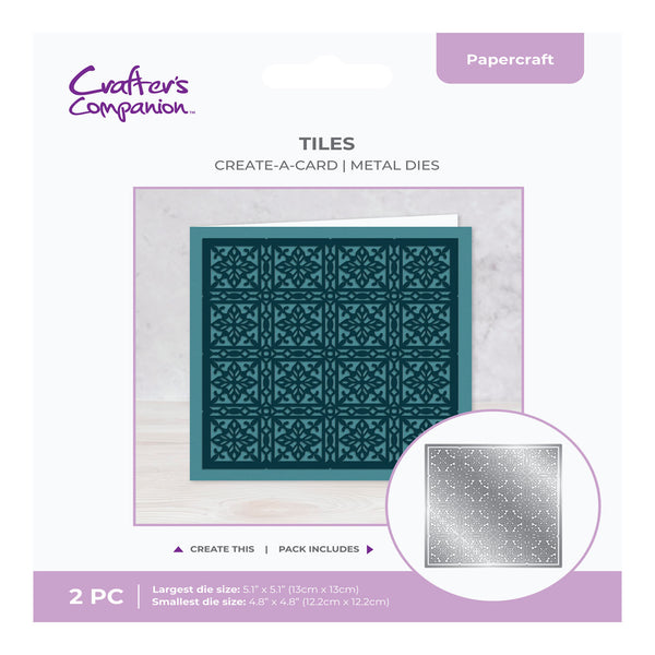 Crafters Companion metal dies packaging with decorative tiles on a white background