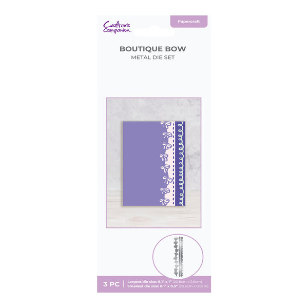 Crafters Companion Boutique Bow metal die set packaging on a white background