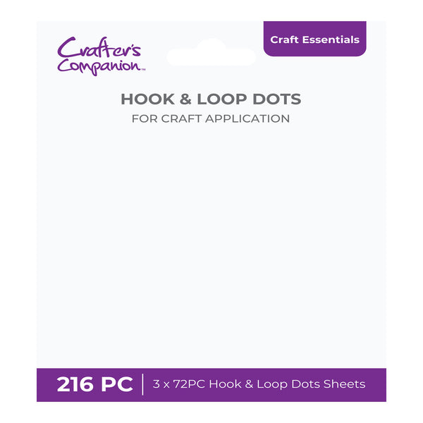 Packaging of Craft Essentials hook and loop dots with purple accents on a white background