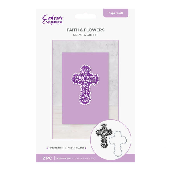 Crafter's Companion Faith & Flowers stamp and die set packaging on a white background