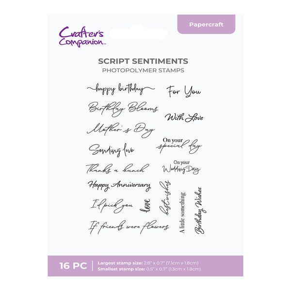 Set of script sentiments photopolymer stamps by Crafters Companion on a white background.