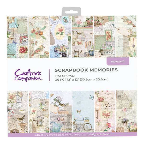 Scrapbook Memories paper pad packaging with various designs on a white background
