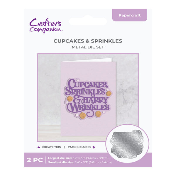 Metal die set packaging for 'Cupcakes & Sprinkles' with 'Crafters Companion' branding on a white background.