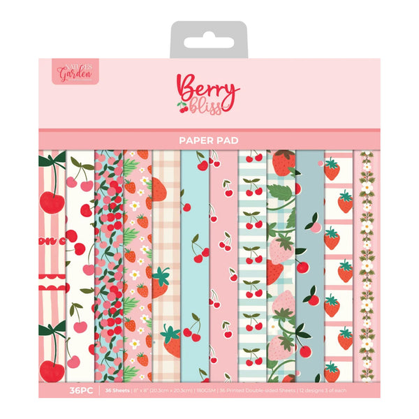 Packaged paper pad with berry-themed designs on a white background