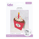 Cupcake stamp and die set packaging with a cupcake illustration on a white background.