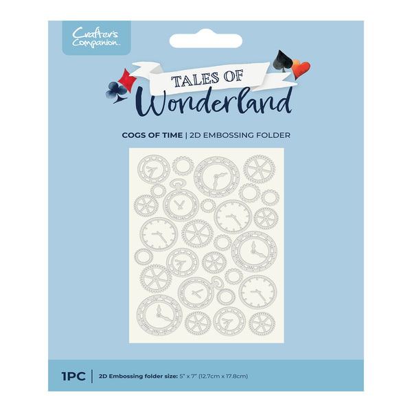 Package of 'Tales of Wonderland' 2D embossing folder with clock designs on a light blue background.