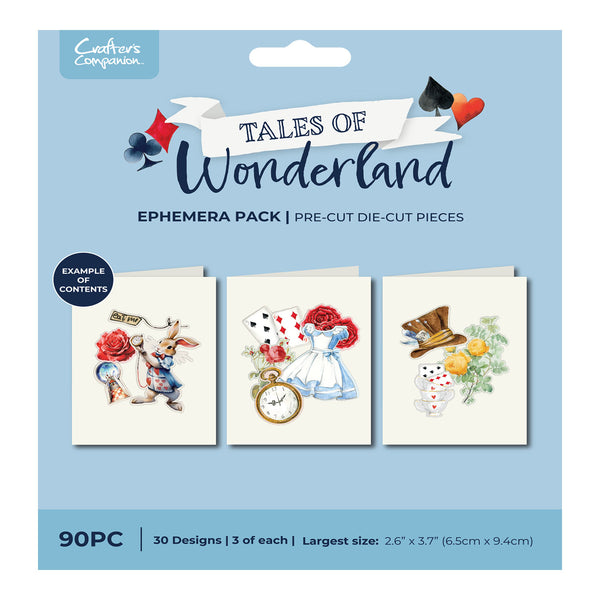 Tales of Wonderland ephemera pack with pre-cut die-cut pieces on a blue background