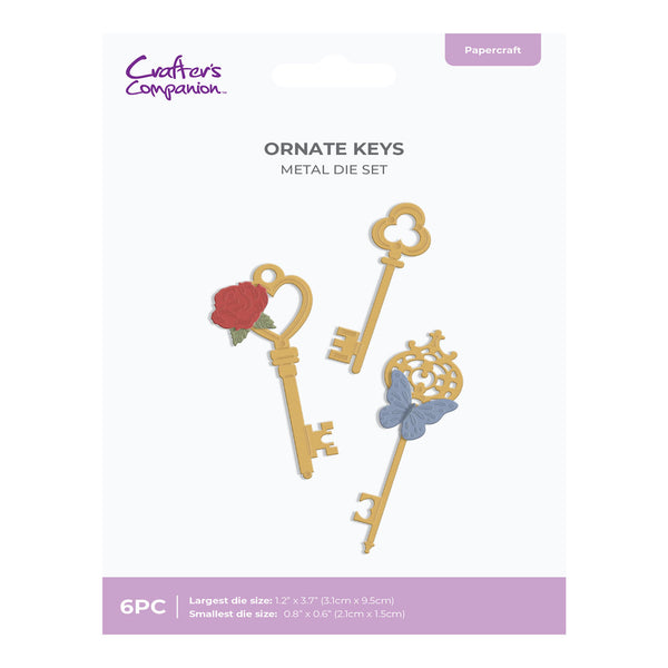 Ornate keys metal die set packaging with 'Crafters Companion' branding on a white background.