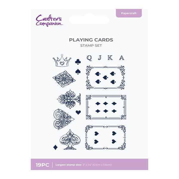 Playing cards stamp set packaging with stamp designs and 'Crafters Companion' branding.