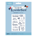 Package of 'Tales of Wonderland' sentiment stamps with text and graphics on a blue background.