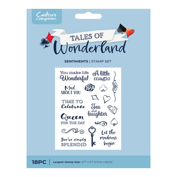 Package of 'Tales of Wonderland' sentiment stamps with text and graphics on a blue background.