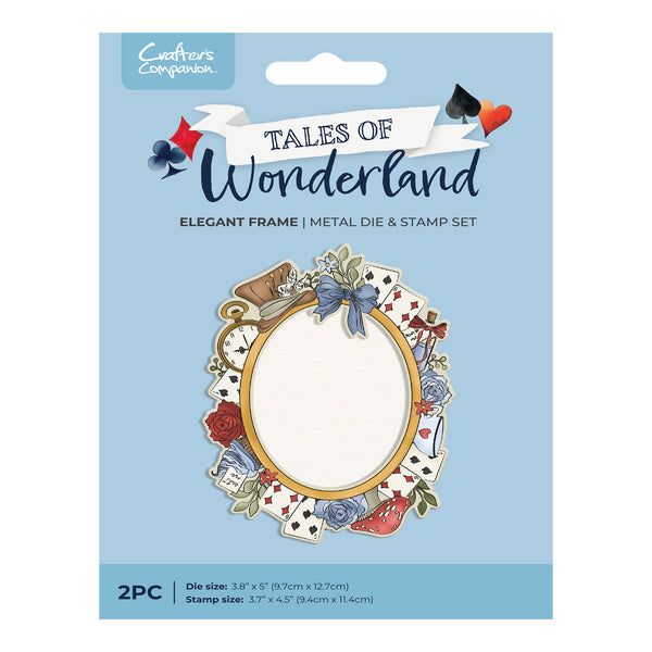 Packaging of 'Tales of Wonderland' metal die and stamp set on a light blue background