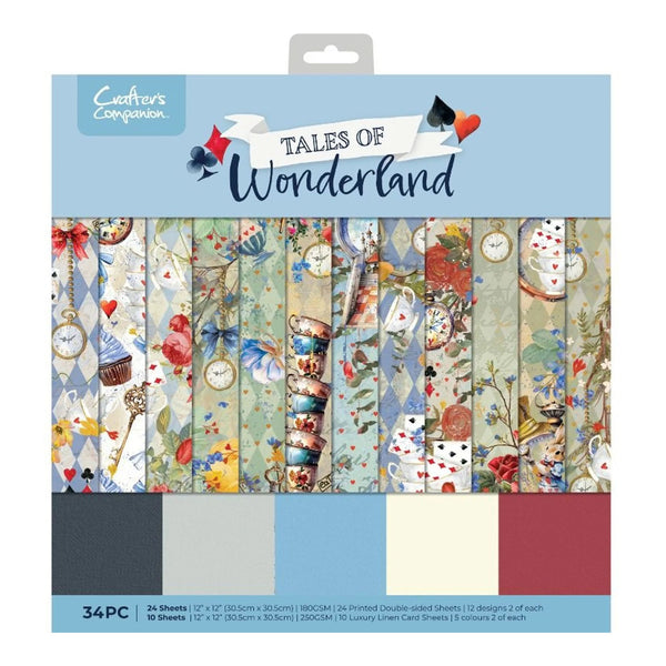 Packaging of 'Tales of Wonderland' paper collection with colorful designs on a blue background.