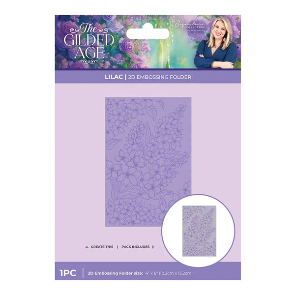 Lilac embossing folder packaging with floral design and brand name 'The Gilded Age'.