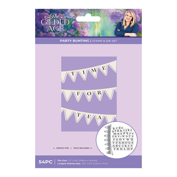 Packaging of 'The Gilded Age' party bunting stamp and die set with a purple background.
