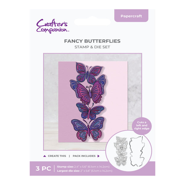 Packaging of a 'Fancy Butterflies' stamp and die set by Crafter's Companion on a white background.