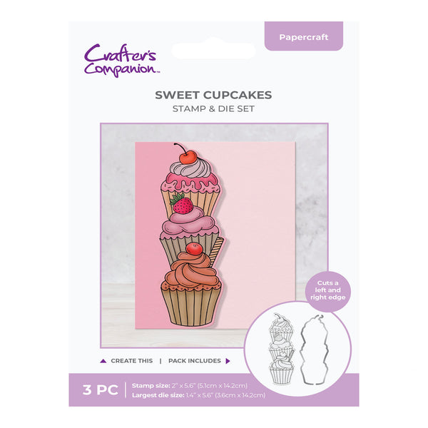 Packaging of Crafters Companion Sweet Cupcakes stamp and die set on a white background