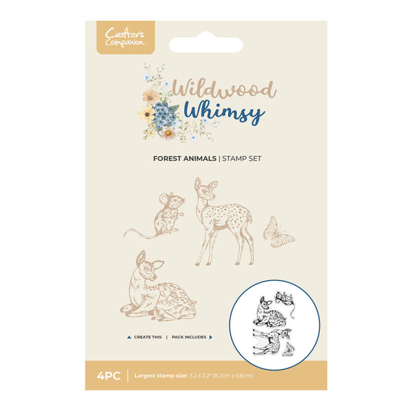 Package of 'Wildwood Whimsy' forest animals stamp set with illustrations on a beige background.