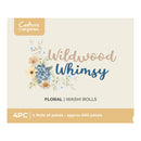 Packaging of 'Wildwood Whimsy' floral washi rolls with decorative flowers on a beige background.