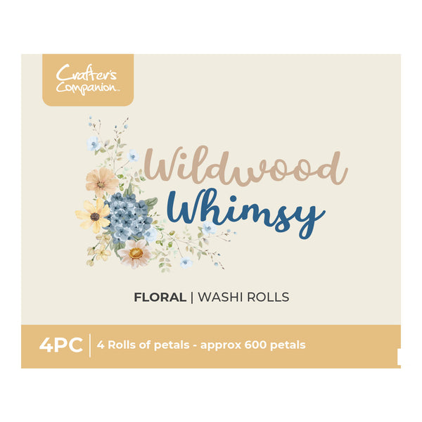Packaging of 'Wildwood Whimsy' floral washi rolls with decorative flowers on a beige background.