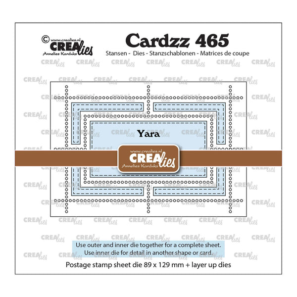 Crea-bles Cardzz 465 die set with dimensions and usage instructions on a white background