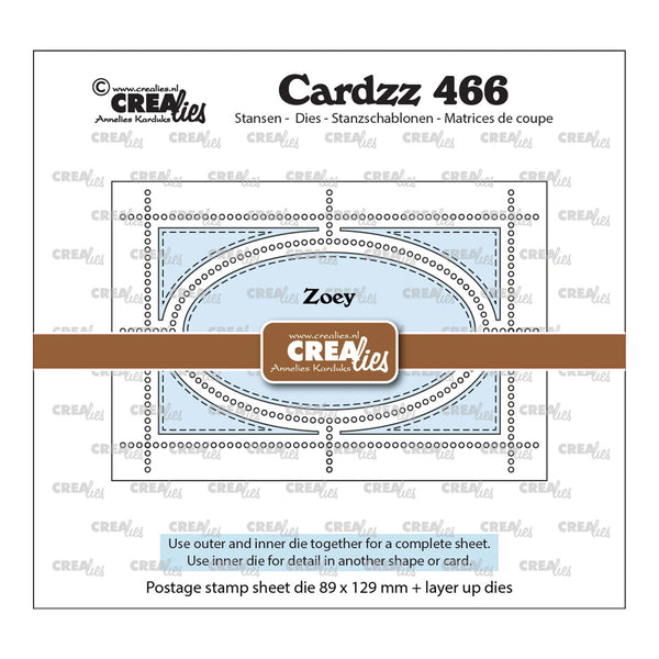 Crea-Relies Cardzz 466 dies for stamping on paper with 'Zoey' branding.