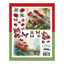 Sheet of stickers with red flowers, butterflies, and ladybugs on a green and red border.