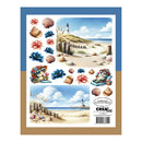 Packaging of a beach-themed cutting sheet with illustrations of seashells, flowers, and a lighthouse.