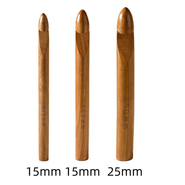 Three wooden crochet hooks of different sizes shown vertically on a white background, labeled 15mm, 15mm, and 25mm at the bottom.