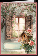 Card with a birdhouse, window, and floral decorations