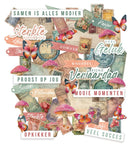 Collage of vintage-style text phrases and decorative elements on a white background