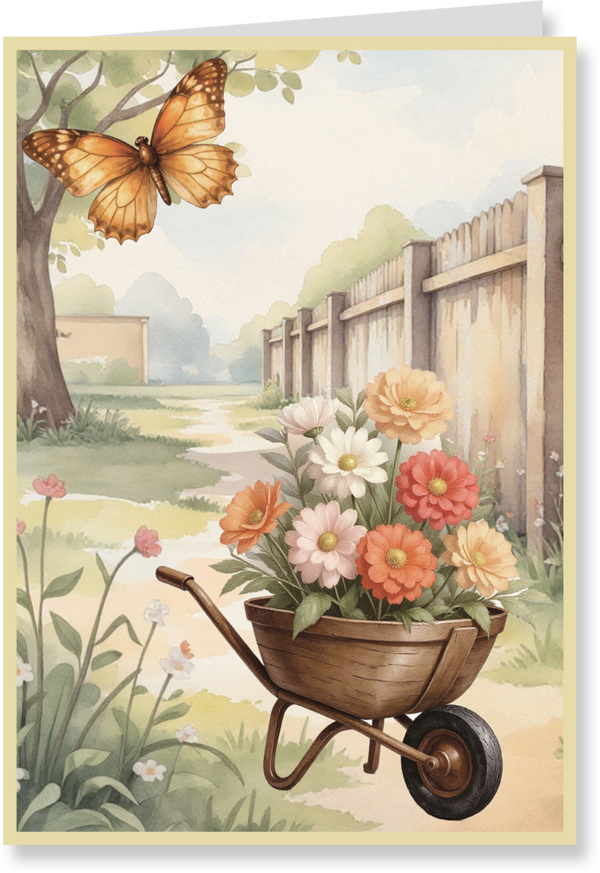 Greeting card with a wheelbarrow full of flowers and a butterfly in a garden setting.