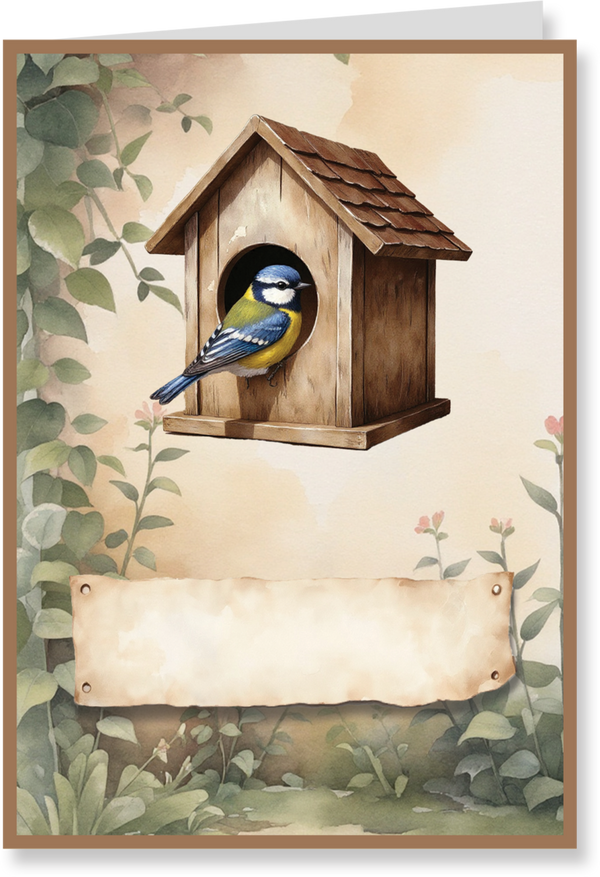 Card with a wooden birdhouse and a blue tit on a natural background