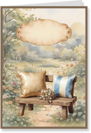 Greeting card with a wooden bench, pillows, and flowers in a nature-themed setting.