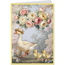 Greeting card with a duck and ducklings among flowers