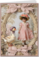 Vintage-style card with a girl in a pink dress and a goose, framed by decorative elements.