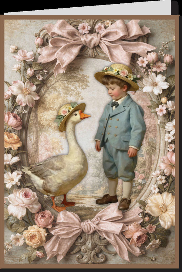 Vintage-style card with a boy and goose surrounded by flowers and decorative ribbons.